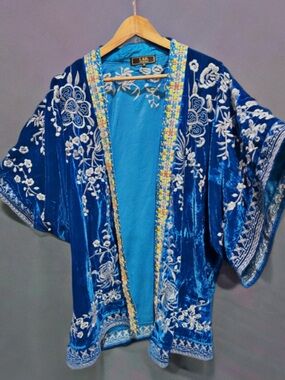 L&B Embroidered Velvet Kimono Jacket Blue Boho Open Front Floral Draped M